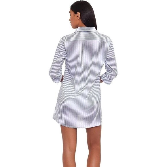 LAUREN Ralph Camp Shirt swim cover up Striped Cotton Button Down Top Blue MD - Picture 5 of 14